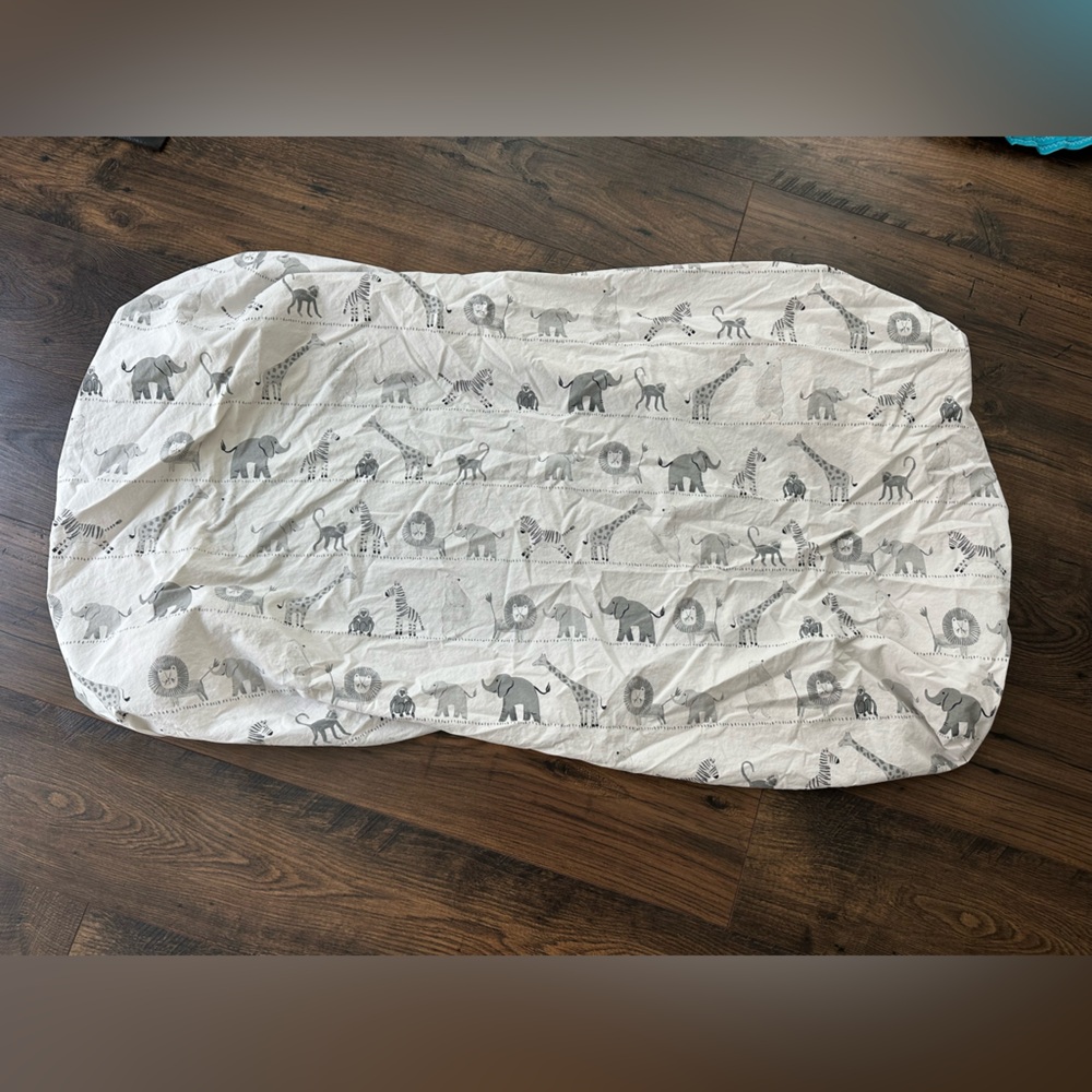 Pottery Barn Kids Organic Cotton Animal Print Fitted Crib Sheet White and Gray